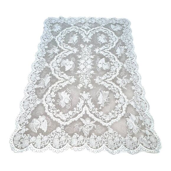 Vintage White Lace Heavenly Angels Holiday Tablecloth 54" X 80.5" Rectangle READ - Picture 1 of 6